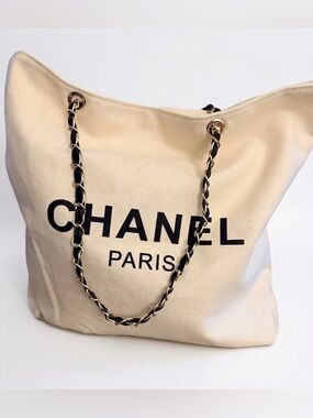 Beige Canvas Tote with Black Logo and Chain-Strap